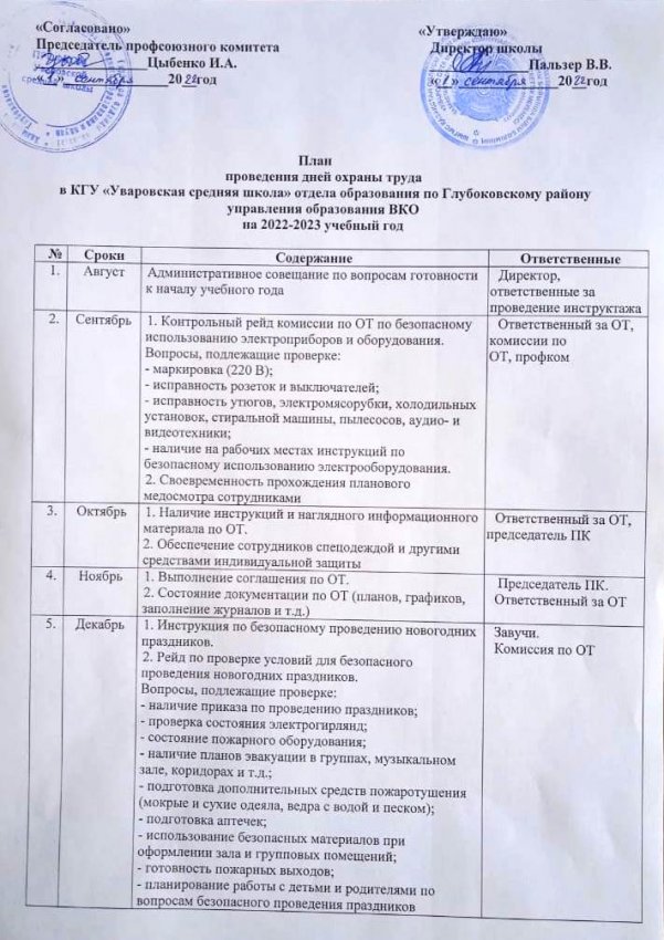 План проведения дней охраны труда на 2022-2023 учебный год