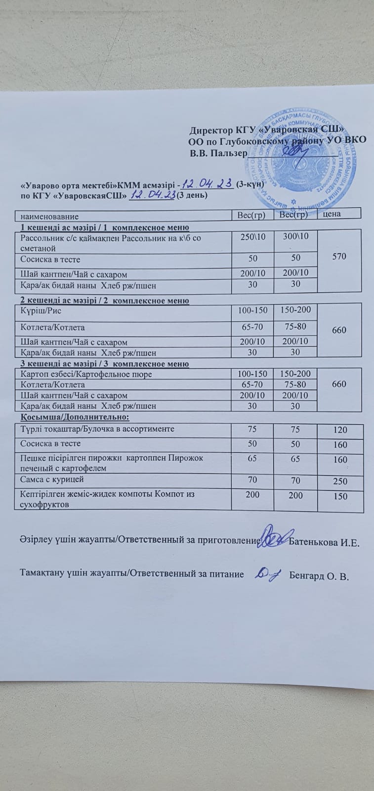 Асханадағы мәзір. /Меню