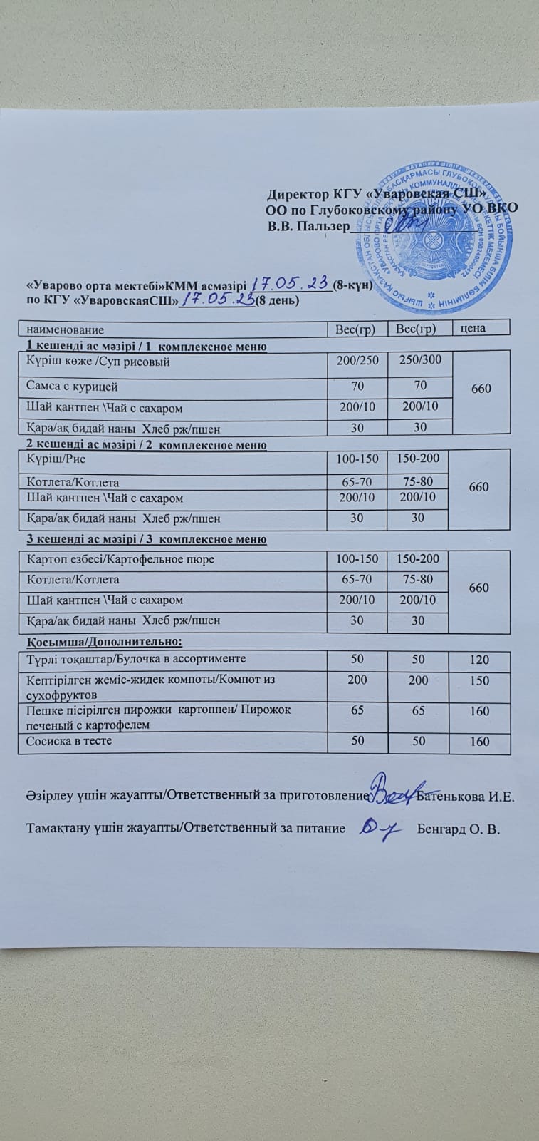 Асханадағы мәзір.  Меню столовая
