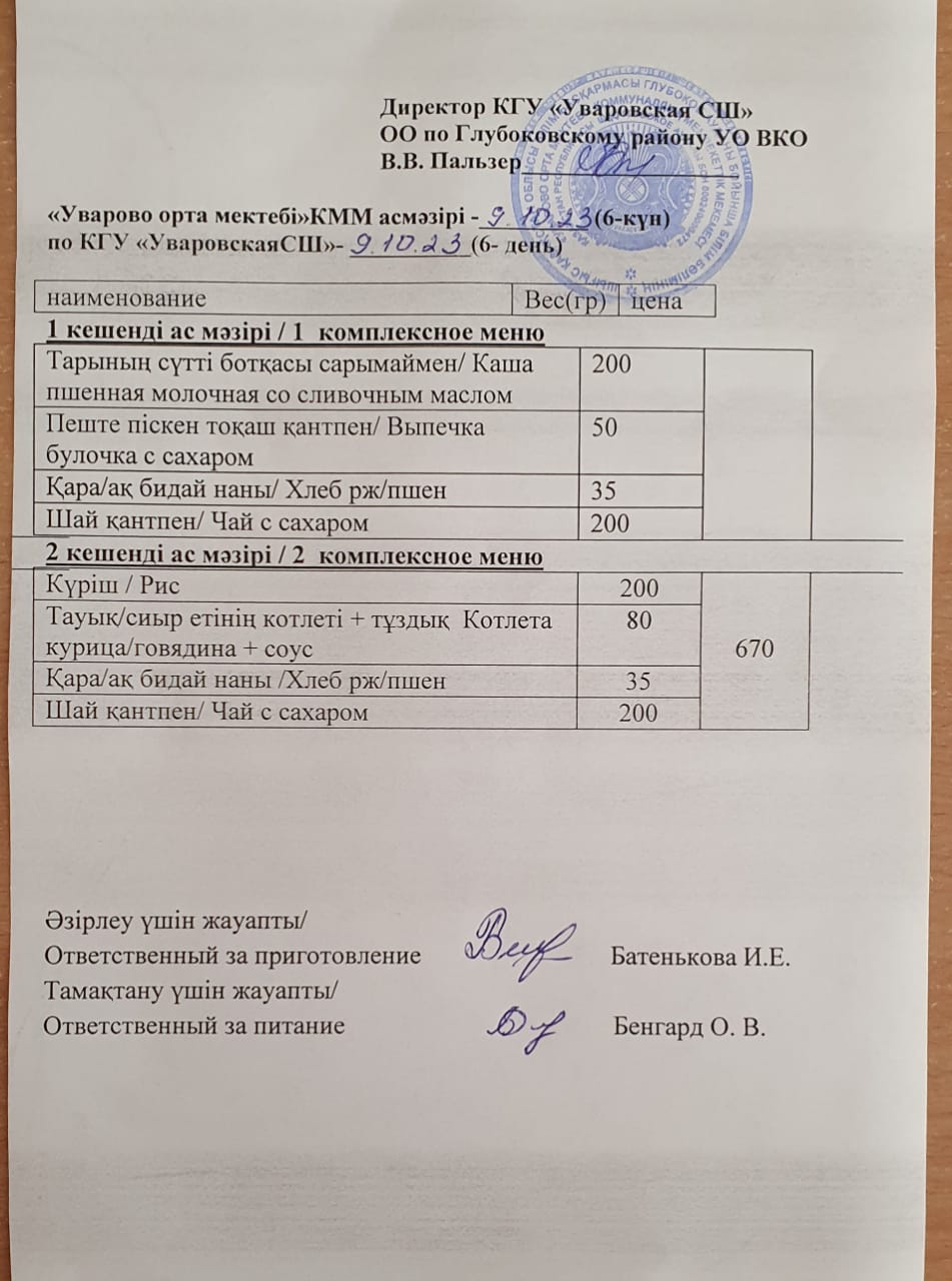 Асханадағы мәзір.  Меню столовая