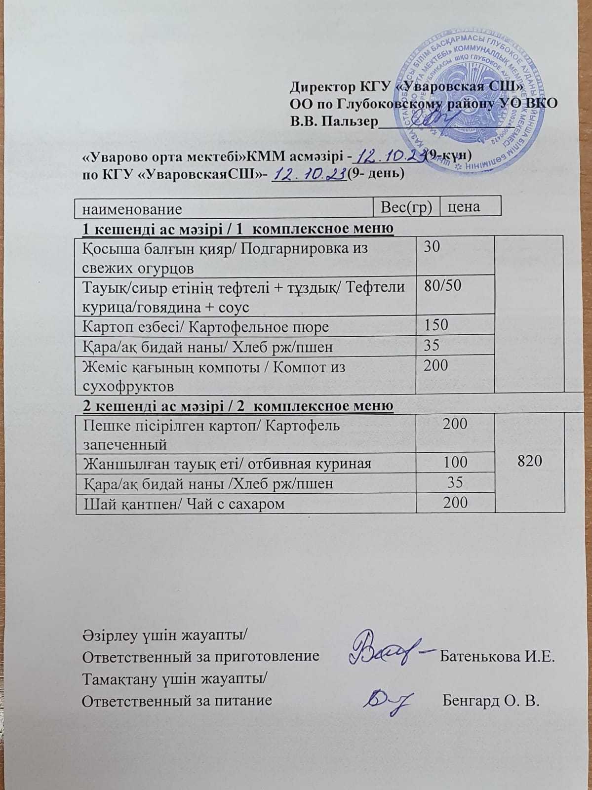 Асханадағы мәзір.  Меню столовая