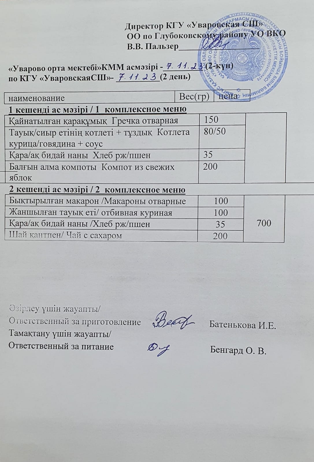 Асханадағы мәзір.  Меню столовая