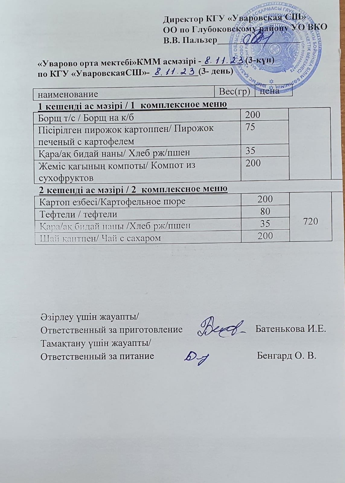 Асханадағы мәзір.  Меню столовая