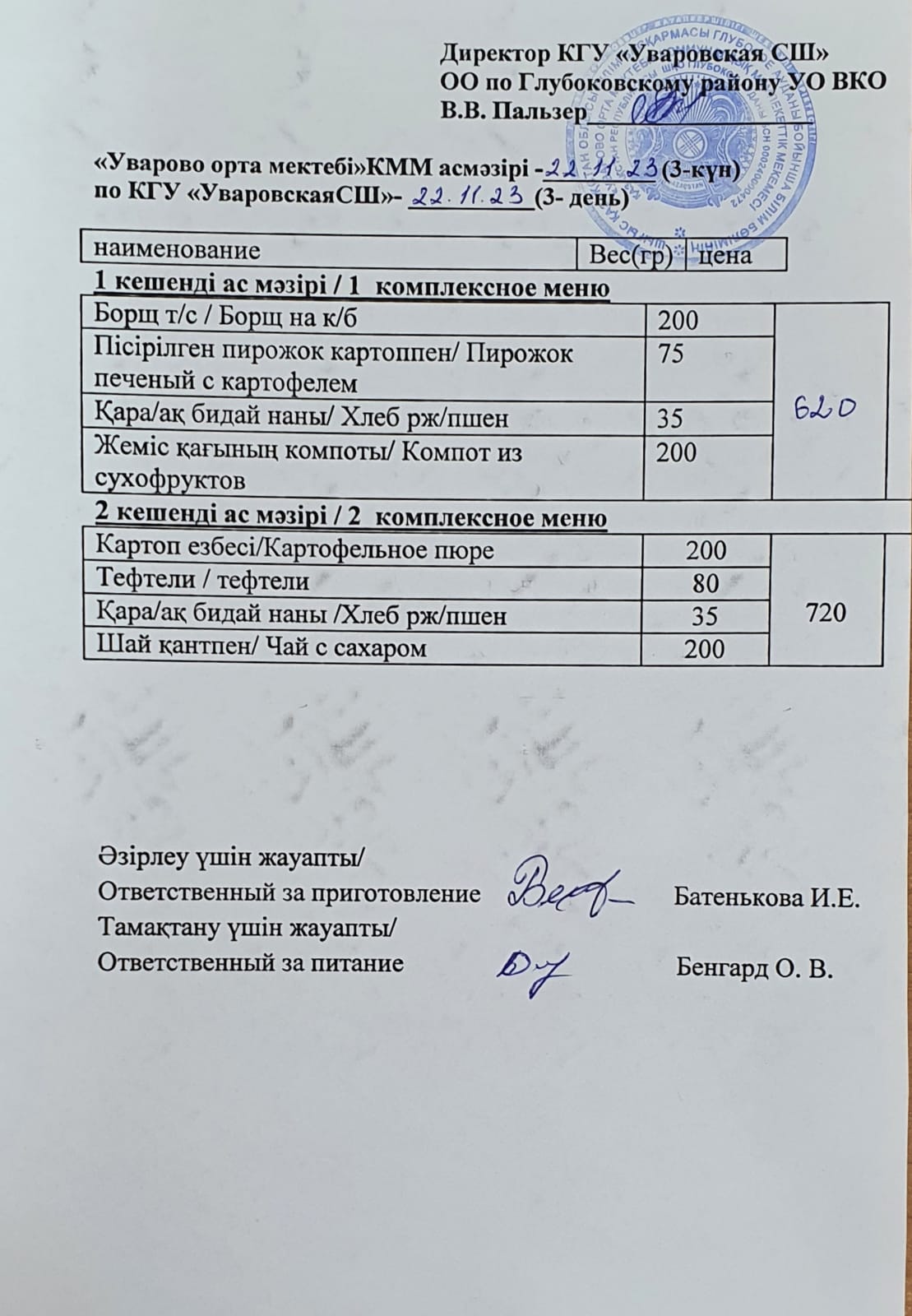 Асханадағы мәзір.  Меню столовая