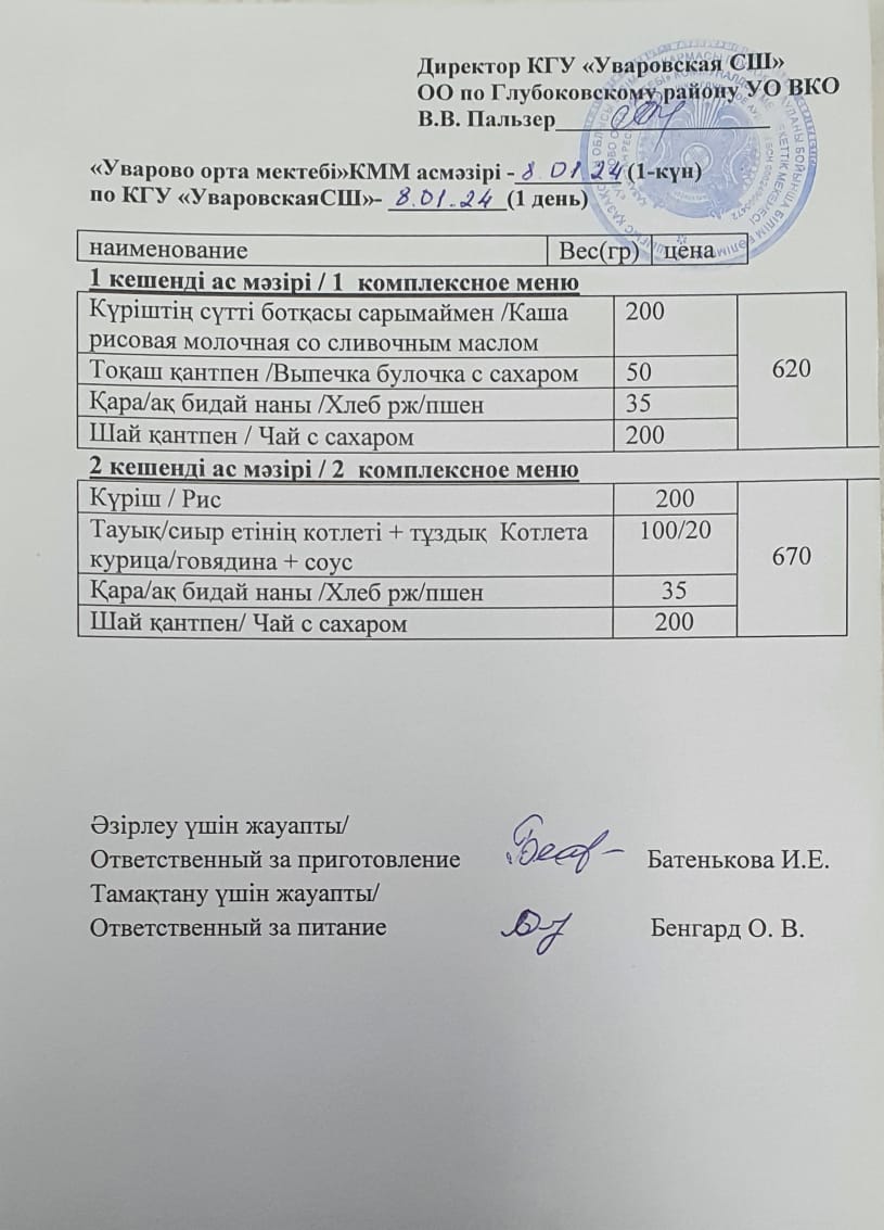 Асханадағы мәзір.  Меню столовая