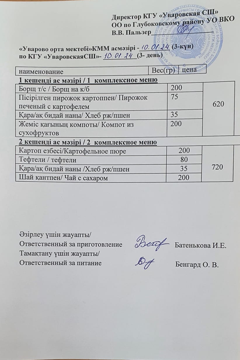 Асханадағы мәзір.  Меню столовая