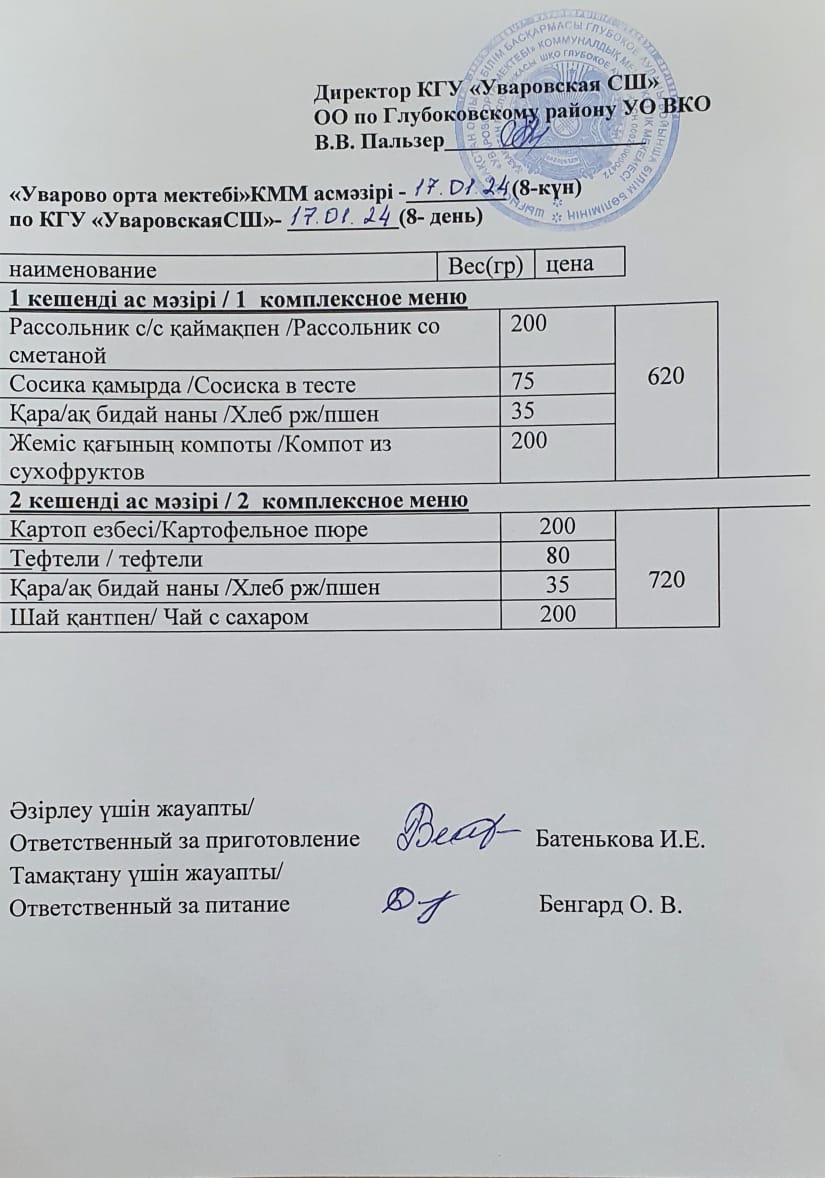 Асханадағы мәзір.  Меню столовая
