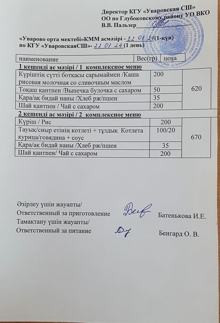 Асханадағы мәзір.  Меню столовая