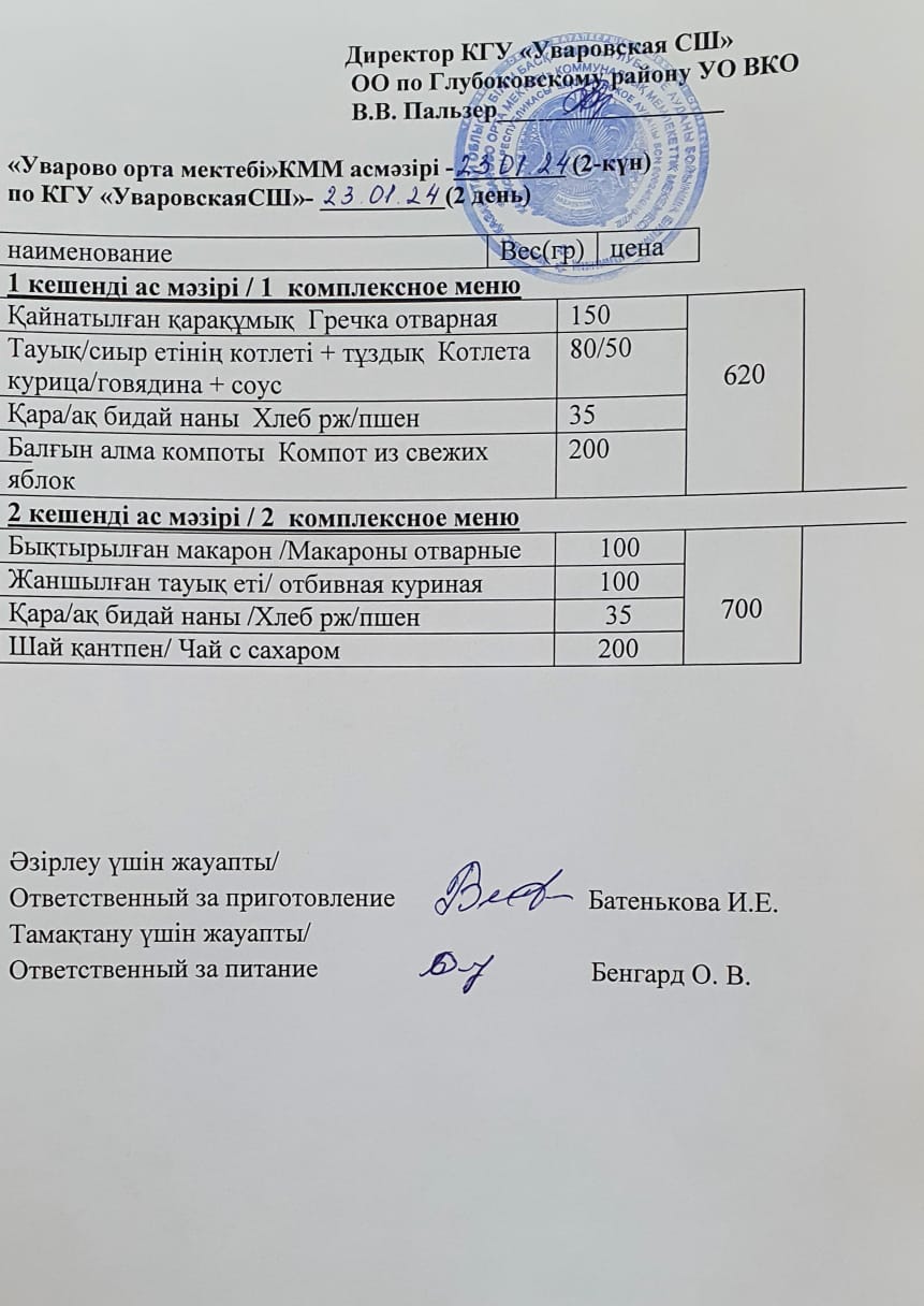 Асханадағы мәзір.  Меню столовая