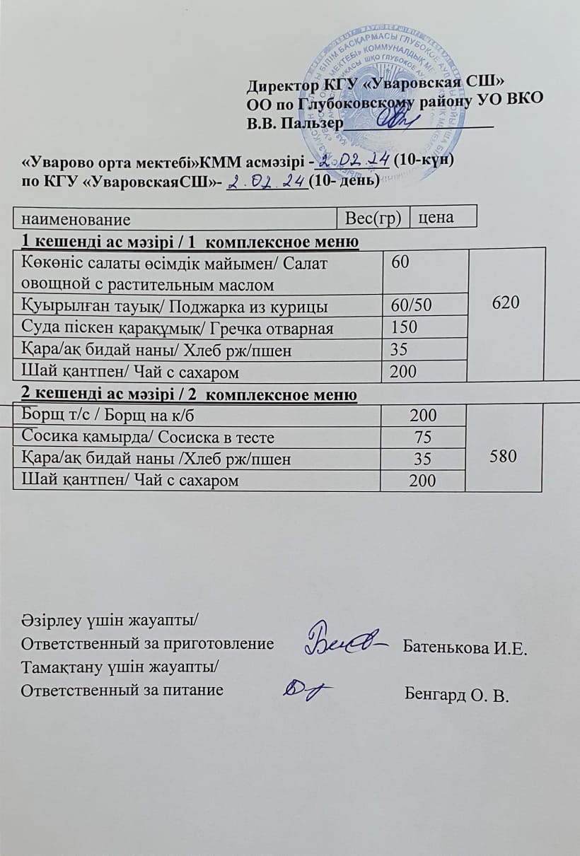Асханадағы мәзір.  Меню столовая