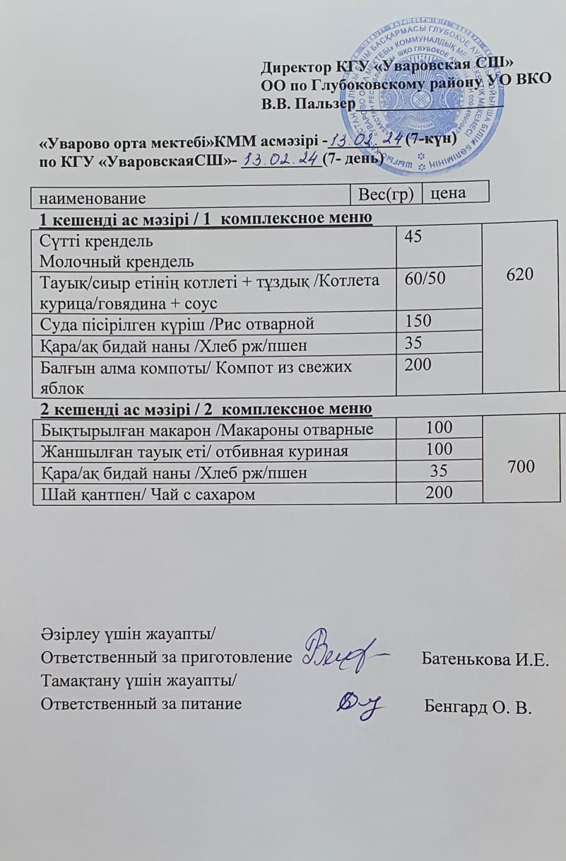 Асханадағы мәзір.  Меню столовая