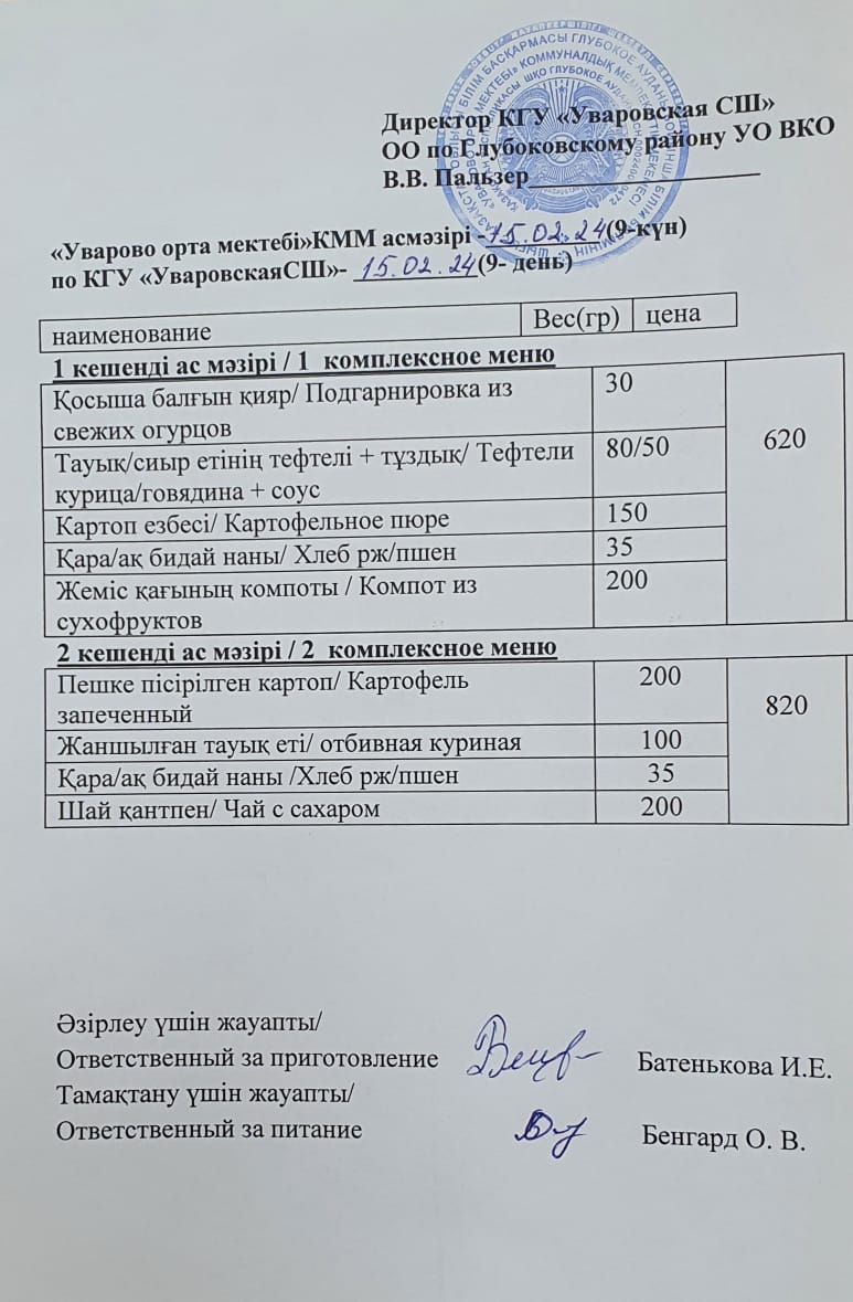 Асханадағы мәзір.  Меню столовая