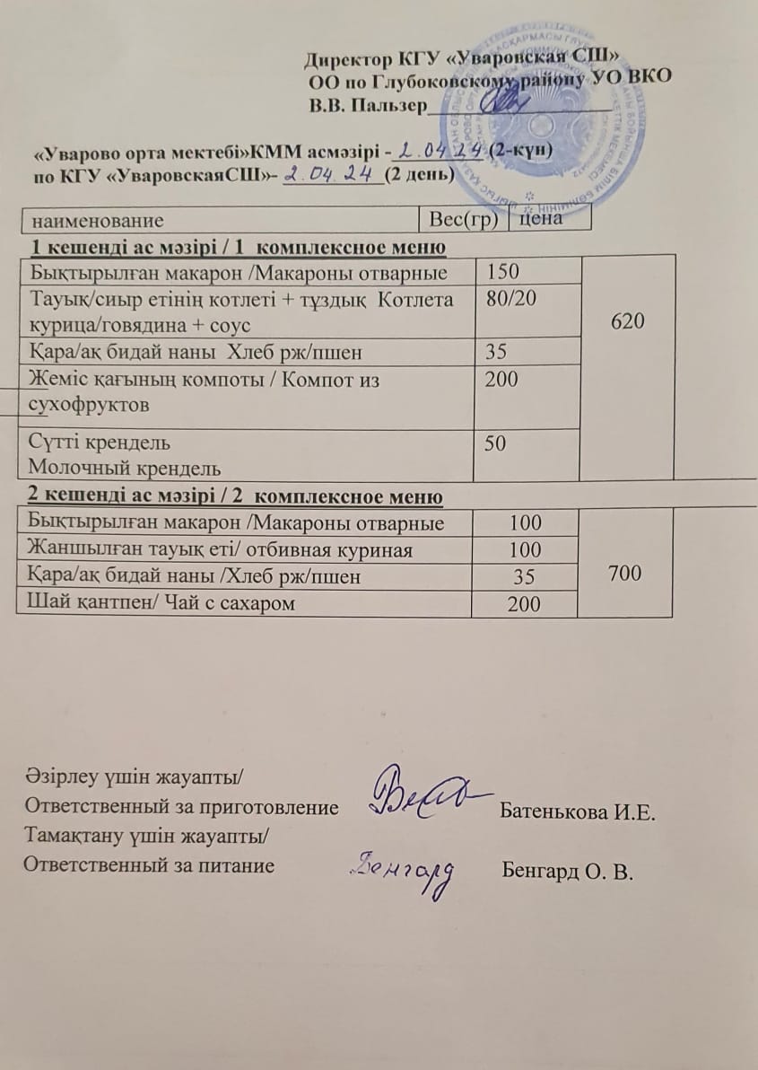 Асханадағы мәзір.  Меню столовая