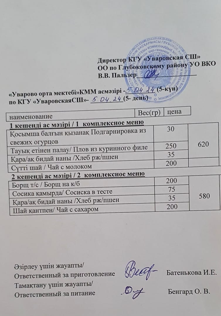 Асханадағы мәзір.  Меню столовая
