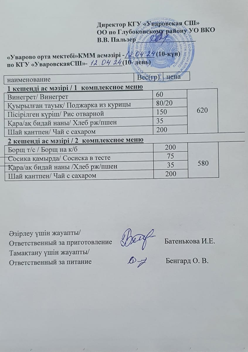 Мектеп асханасының мәзірі