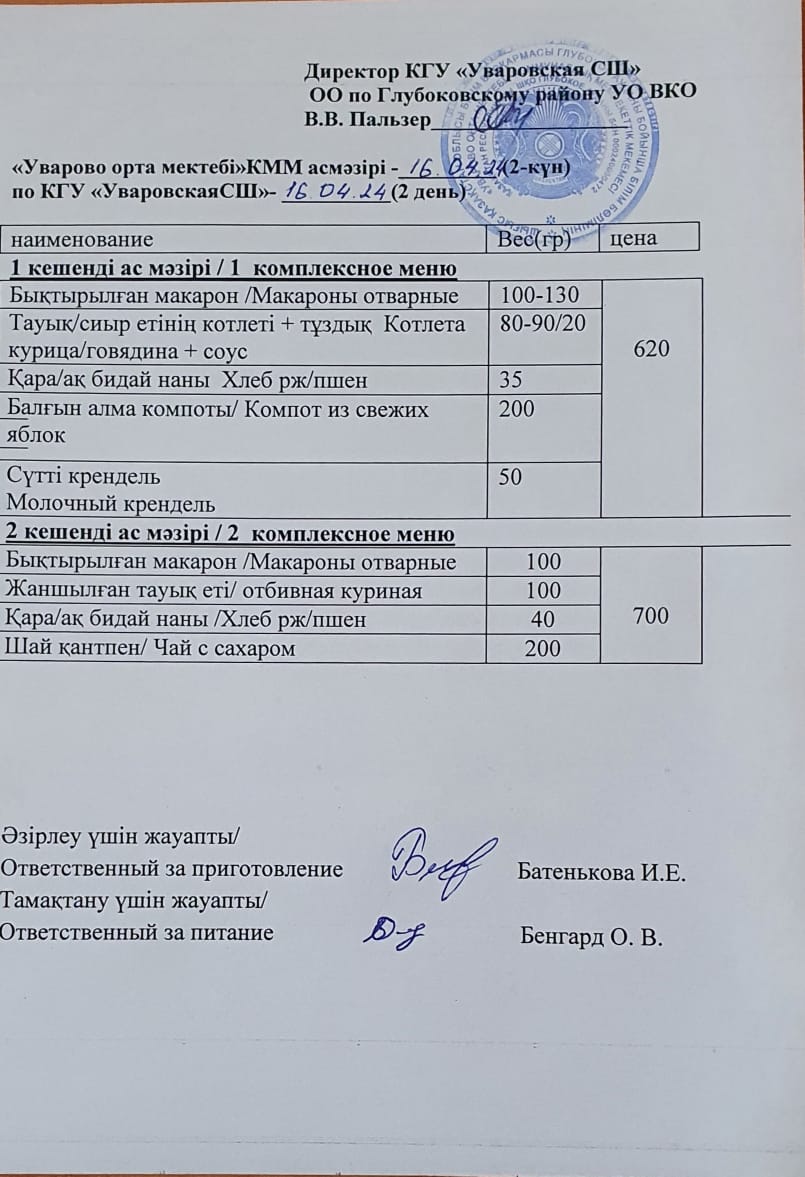 Асханадағы мәзір.  Меню столовая