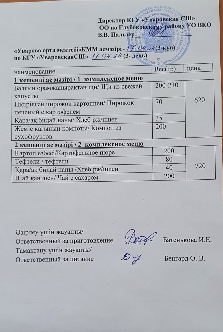 Асханадағы мәзір.  Меню столовая