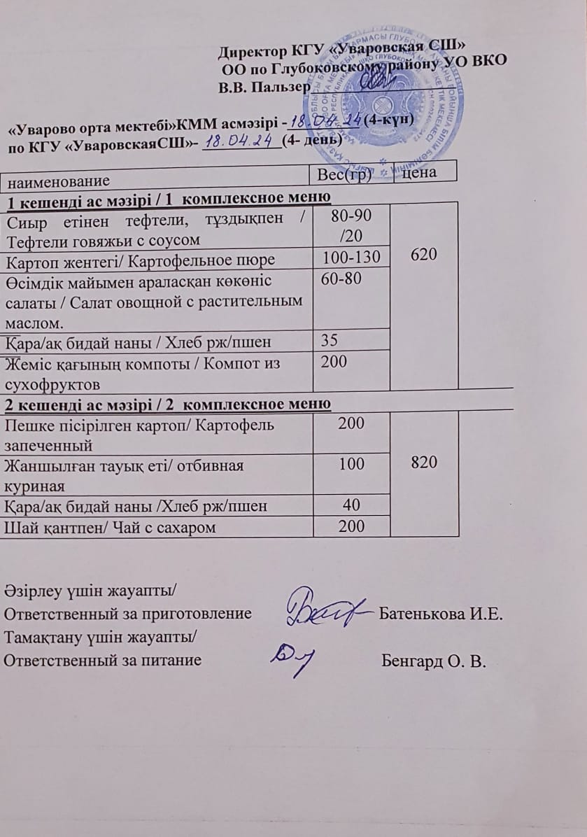 Асханадағы мәзір.  Меню столовая