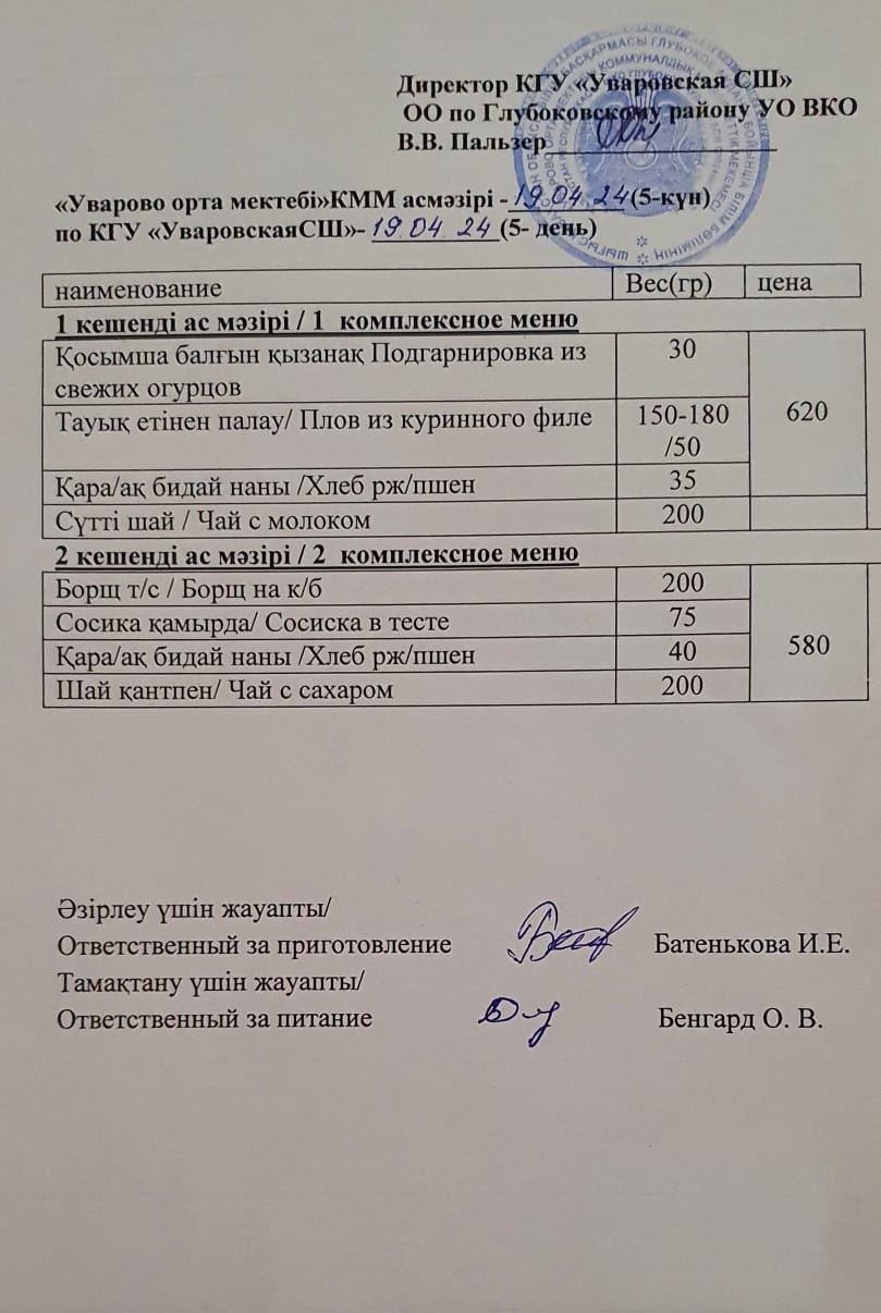 Асханадағы мәзір.  Меню столовая