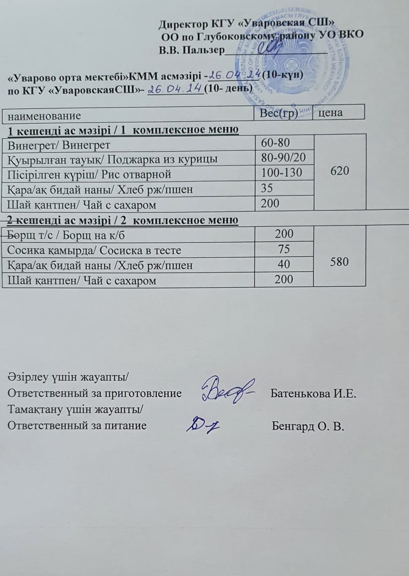 Асханадағы мәзір.  Меню столовая