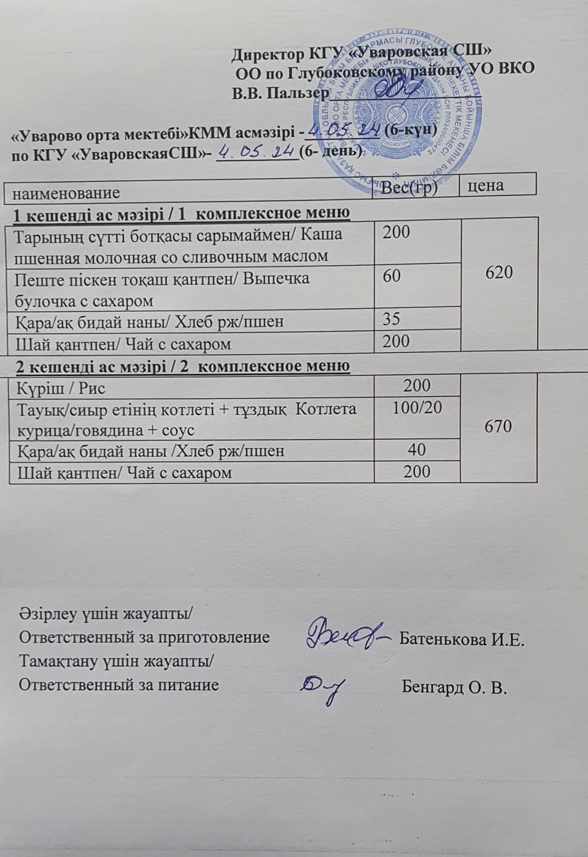 Мектеп асханасының мәзірі