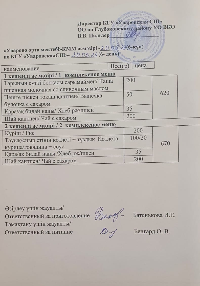 Асханадағы мәзір.  Меню столовая