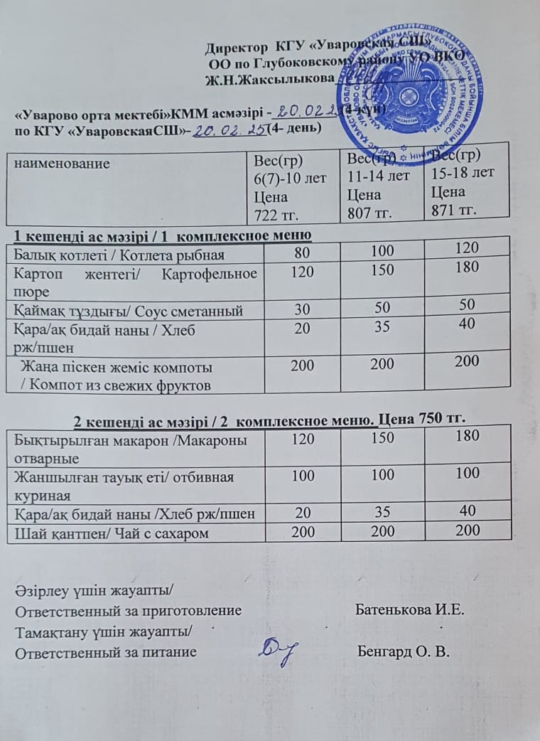 Асханадағы мәзір.  Меню столовая