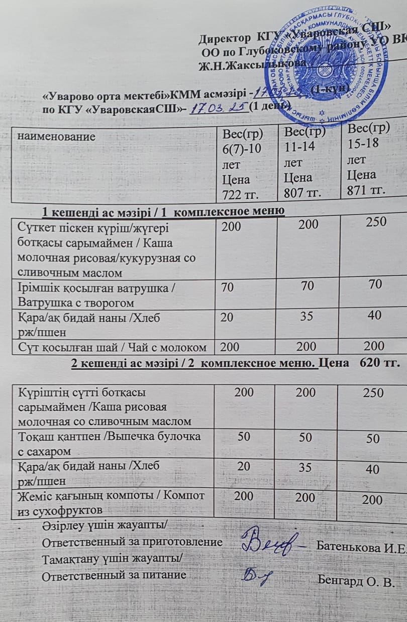 Асханадағы мәзір.  Меню столовая