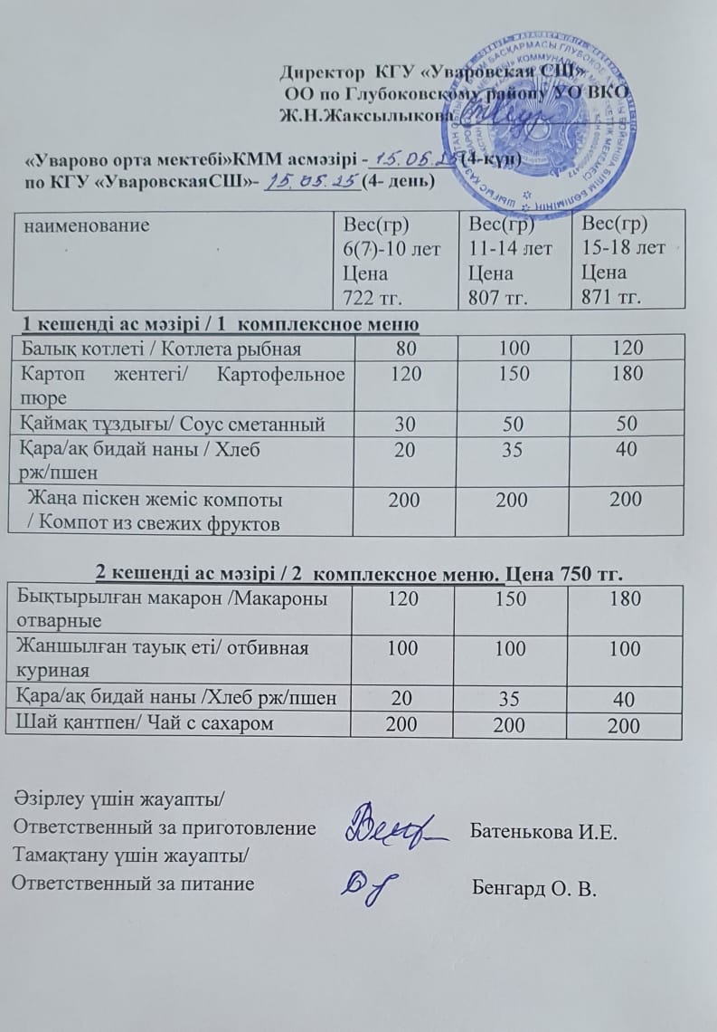 Асханадағы мәзір.  Меню столовая