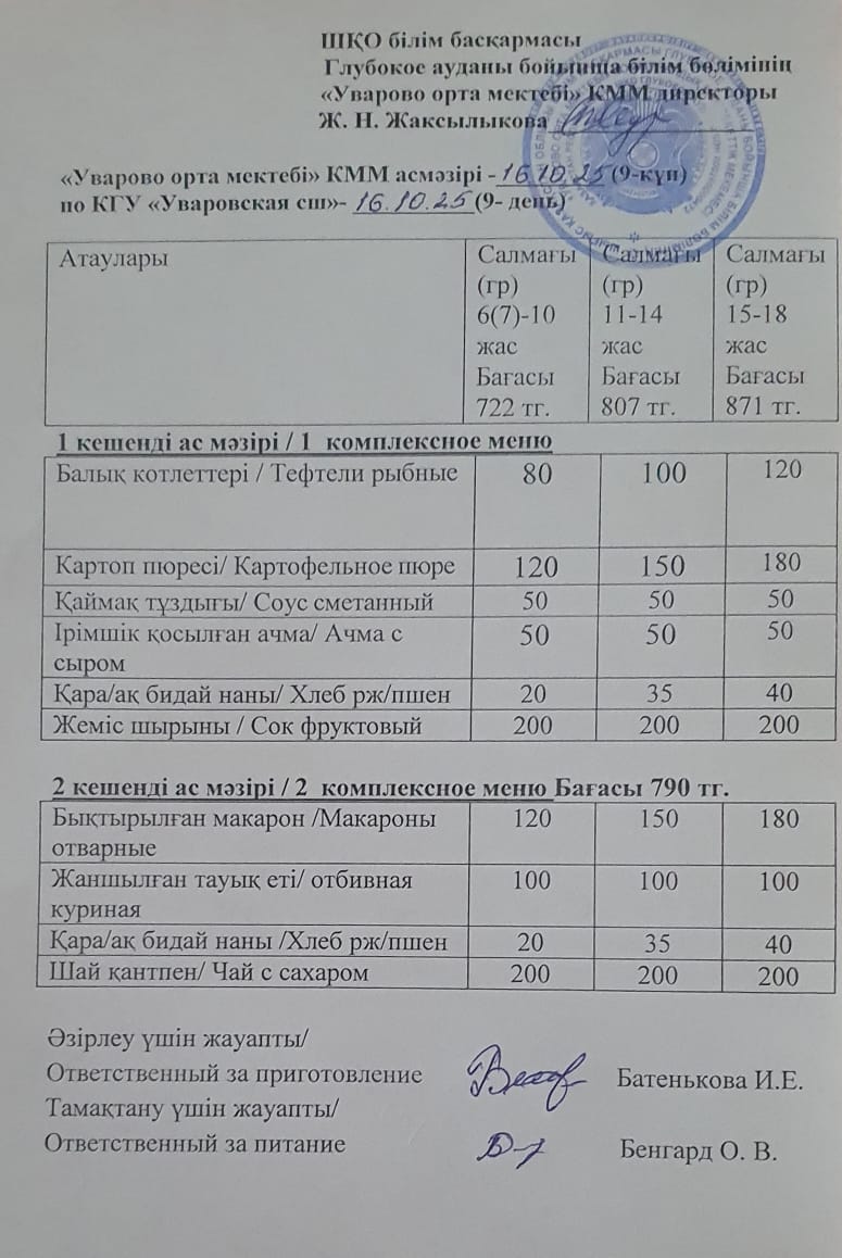 Асханадағы мәзір.  Меню столовая