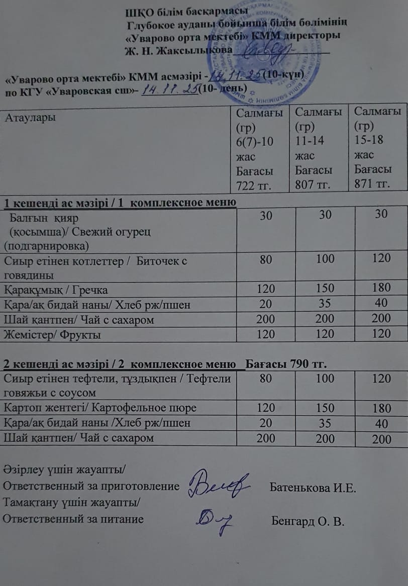 Асханадағы мәзір.  Меню столовая