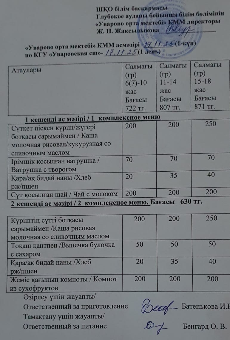 Асханадағы мәзір.  Меню столовая