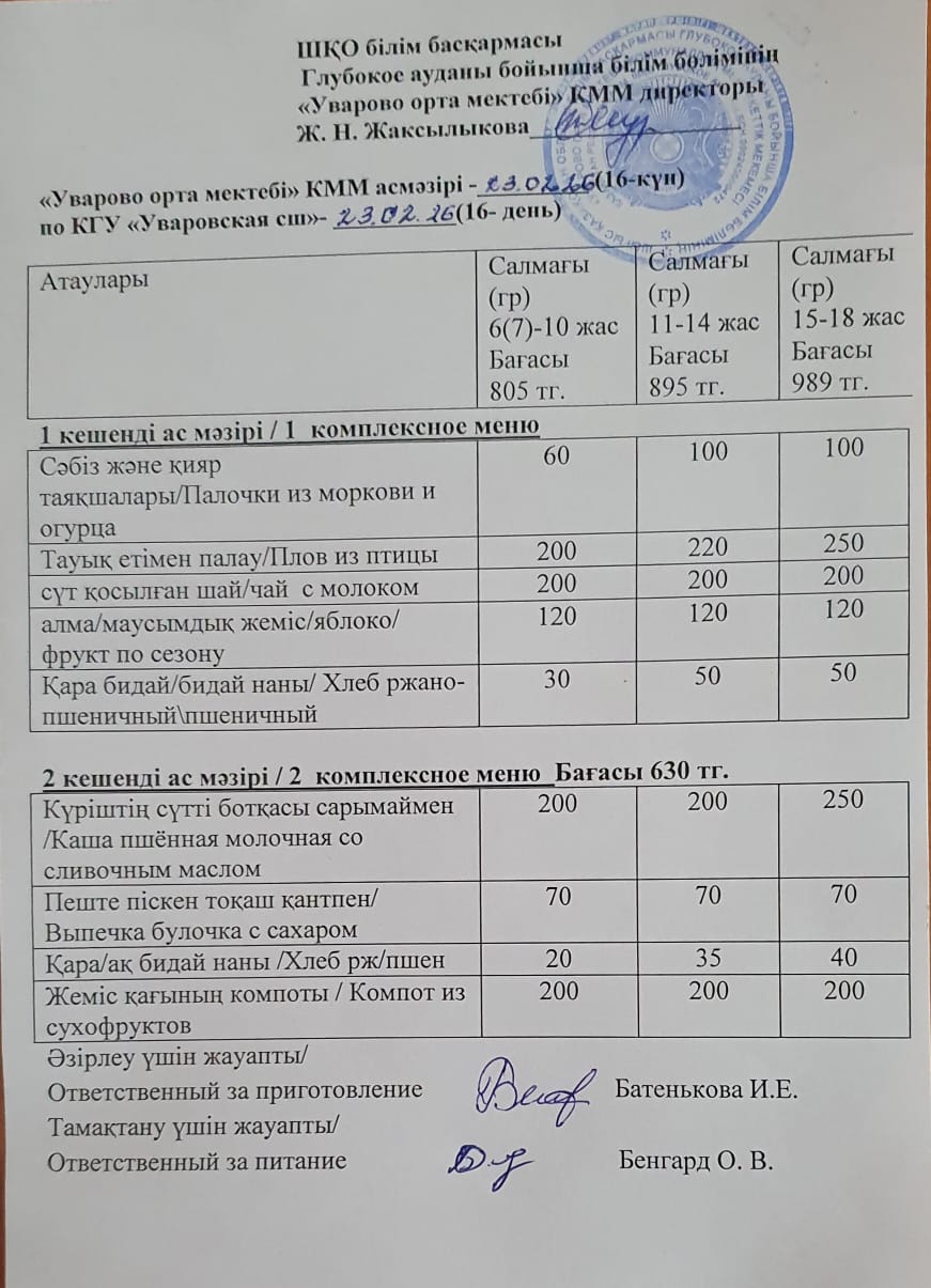 Асханадағы мәзір.  Меню столовая