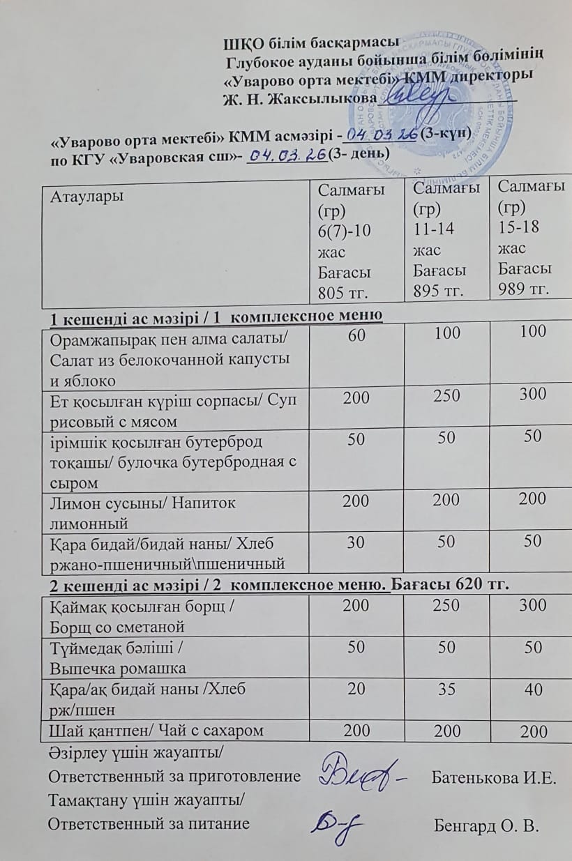 Асханадағы мәзір.  Меню столовая