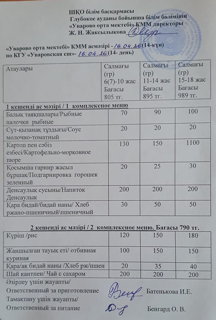 Асханадағы мәзір.  Меню столовая