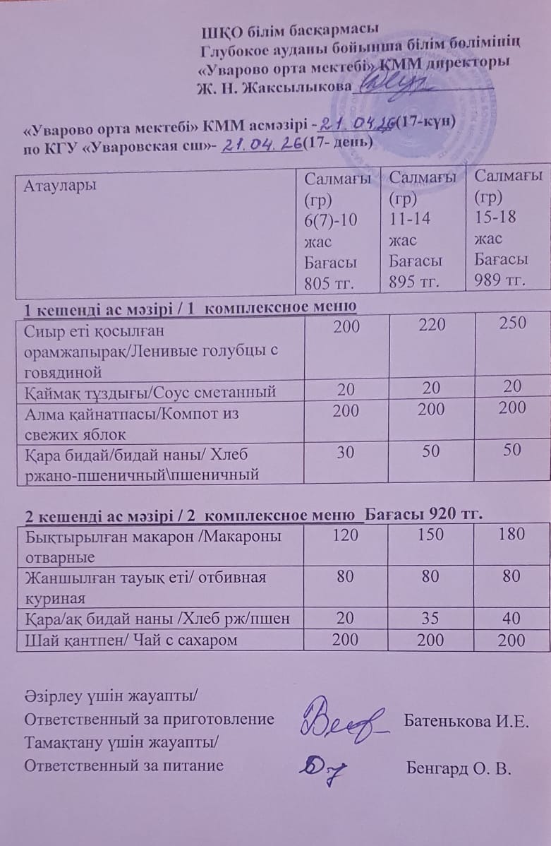 Асханадағы мәзір.  Меню столовая