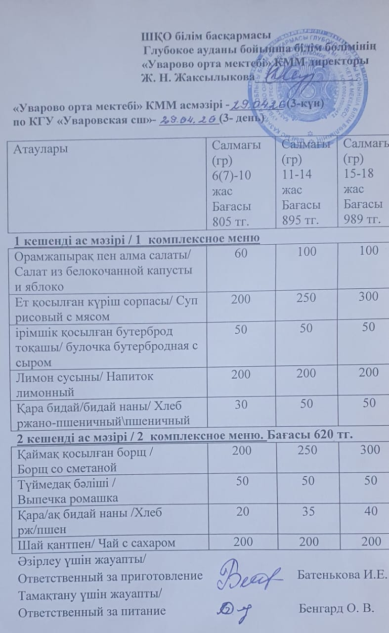 Асханадағы мәзір.  Меню столовая