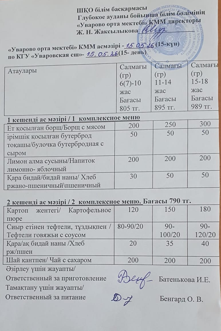 Асханадағы мәзір.  Меню столовая